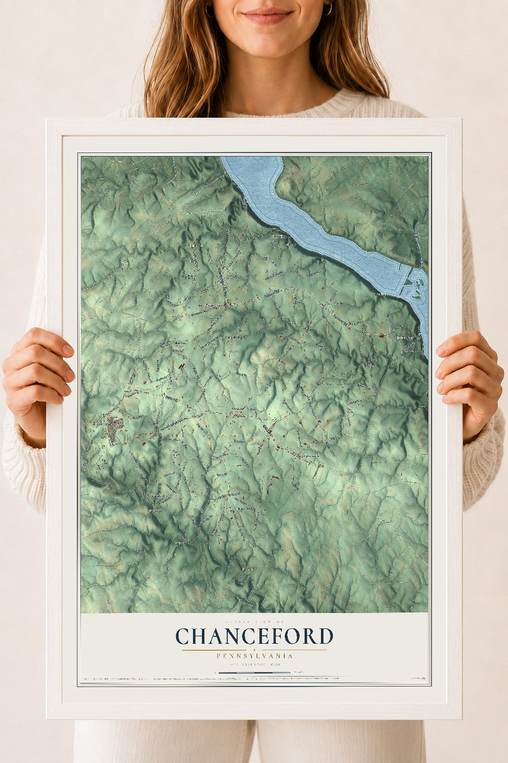 Map of Chanceford, Pennsylvania, 18 x 24 inch print in a white wood frame