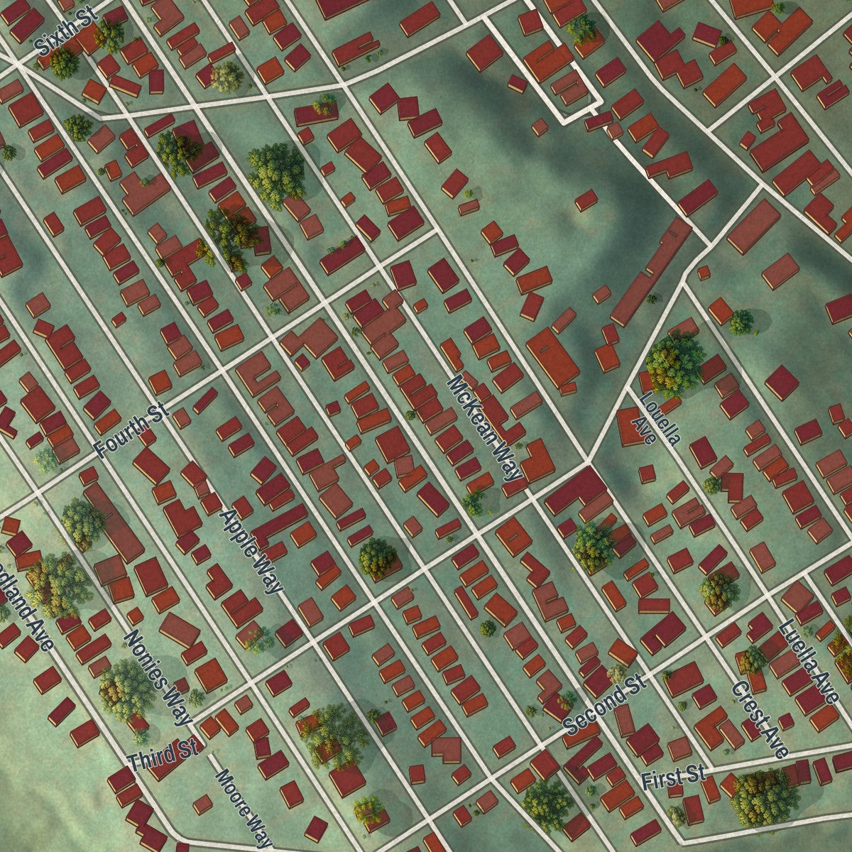 Close-up of the map of Charleroi, Pennsylvania print showing street and building detail