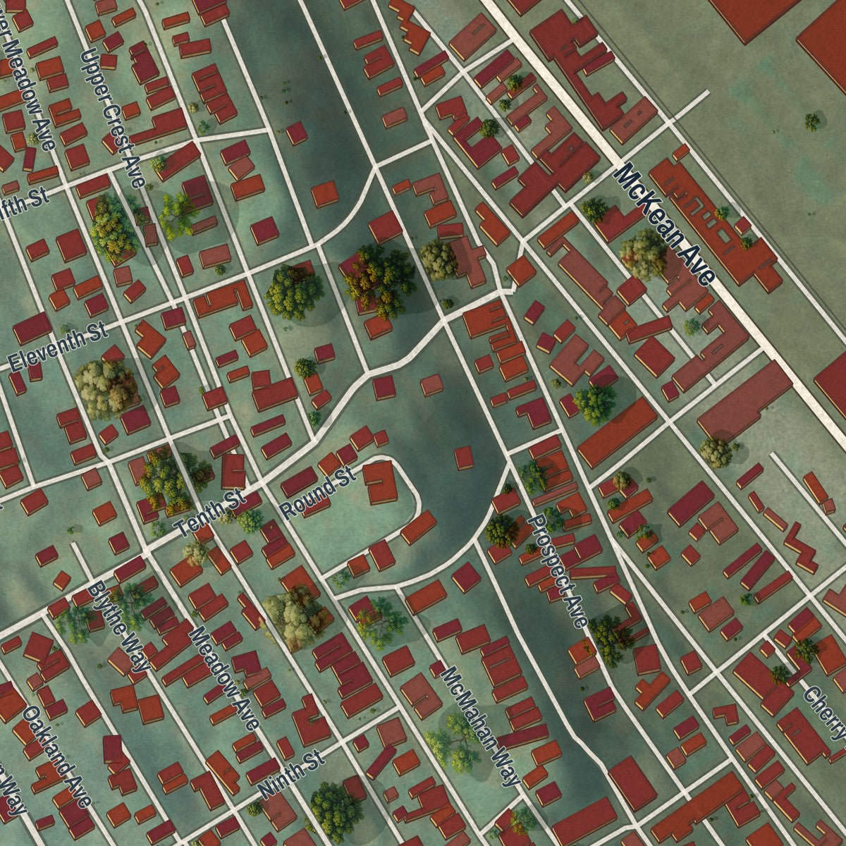 Second close-up of the map of Charleroi, Pennsylvania print showing more streets and buildings