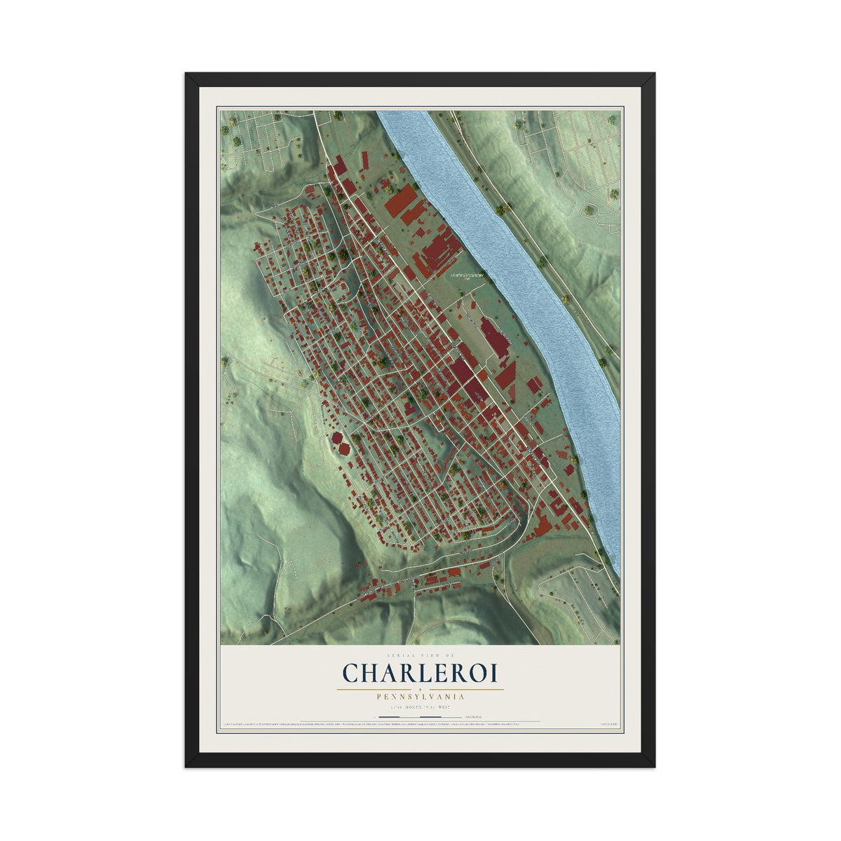 Map of Charleroi, Pennsylvania, 12 x 18 inch print in a black wood frame