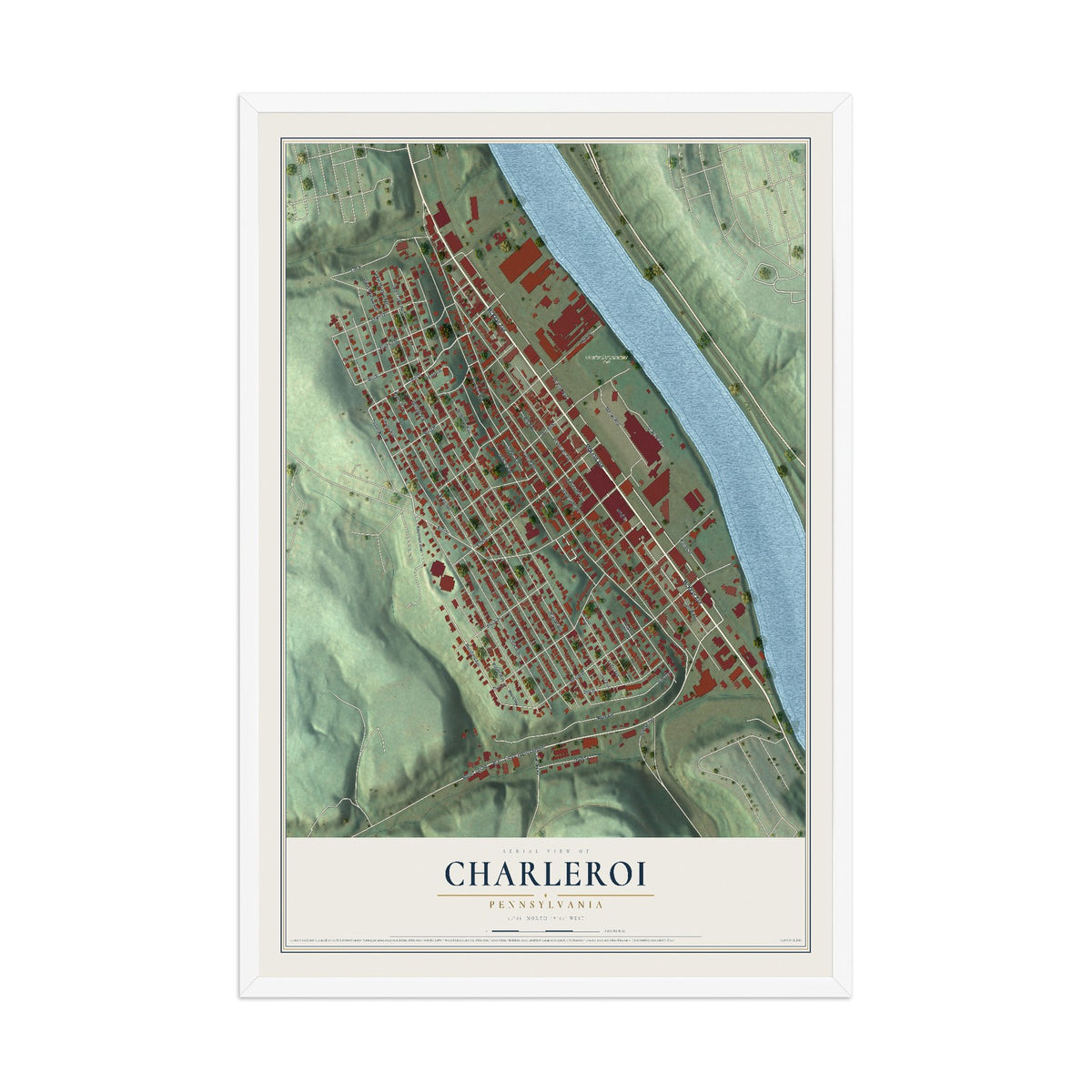 Map of Charleroi, Pennsylvania, 12 x 18 inch print in a white wood frame
