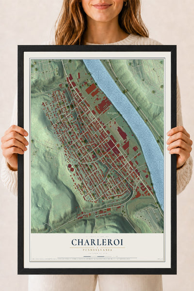 Map of Charleroi, Pennsylvania, 18 x 24 inch print in a black wood frame