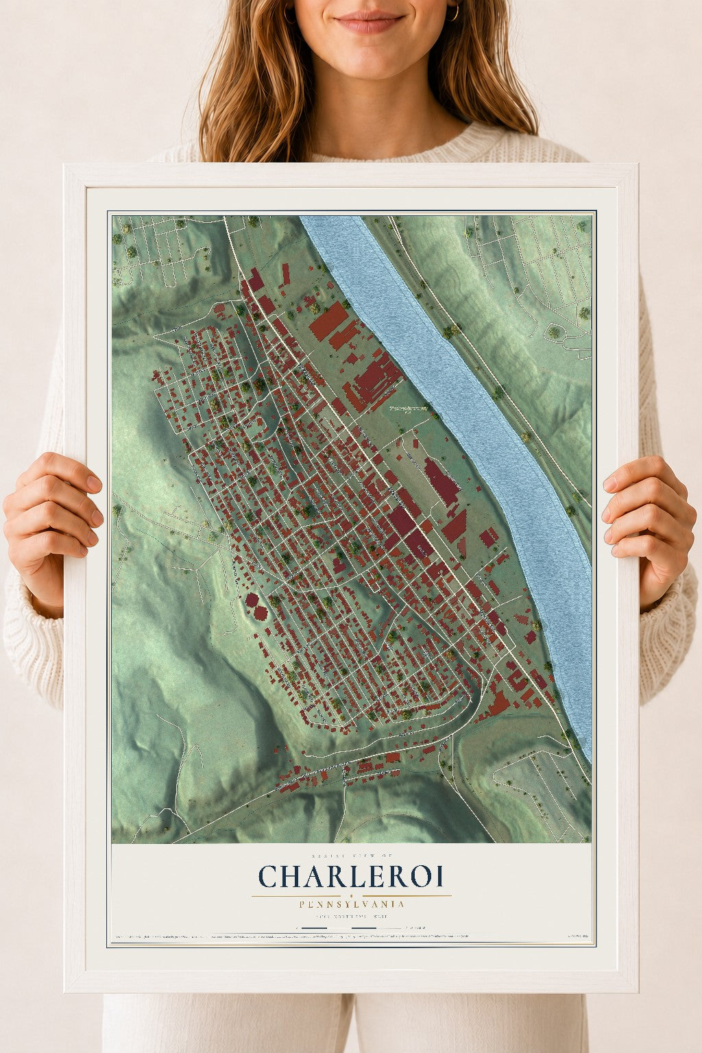 Map of Charleroi, Pennsylvania, 18 x 24 inch print in a white wood frame