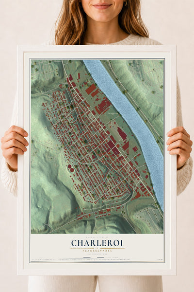 Map of Charleroi, Pennsylvania, 18 x 24 inch print in a white wood frame