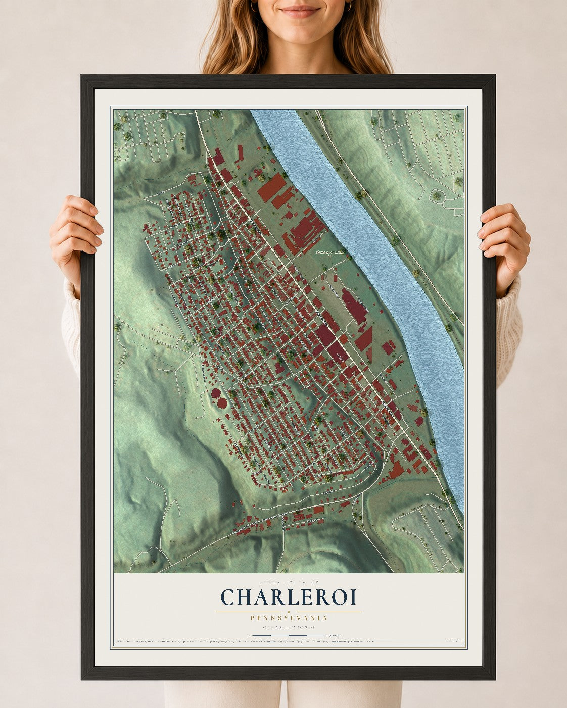 Map of Charleroi, Pennsylvania, 24 x 36 inch print in a black wood frame