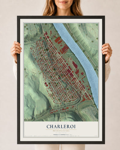 Map of Charleroi, Pennsylvania, 24 x 36 inch print in a black wood frame
