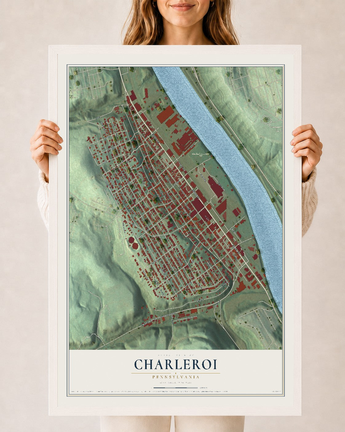 Map of Charleroi, Pennsylvania, 24 x 36 inch print in a white wood frame