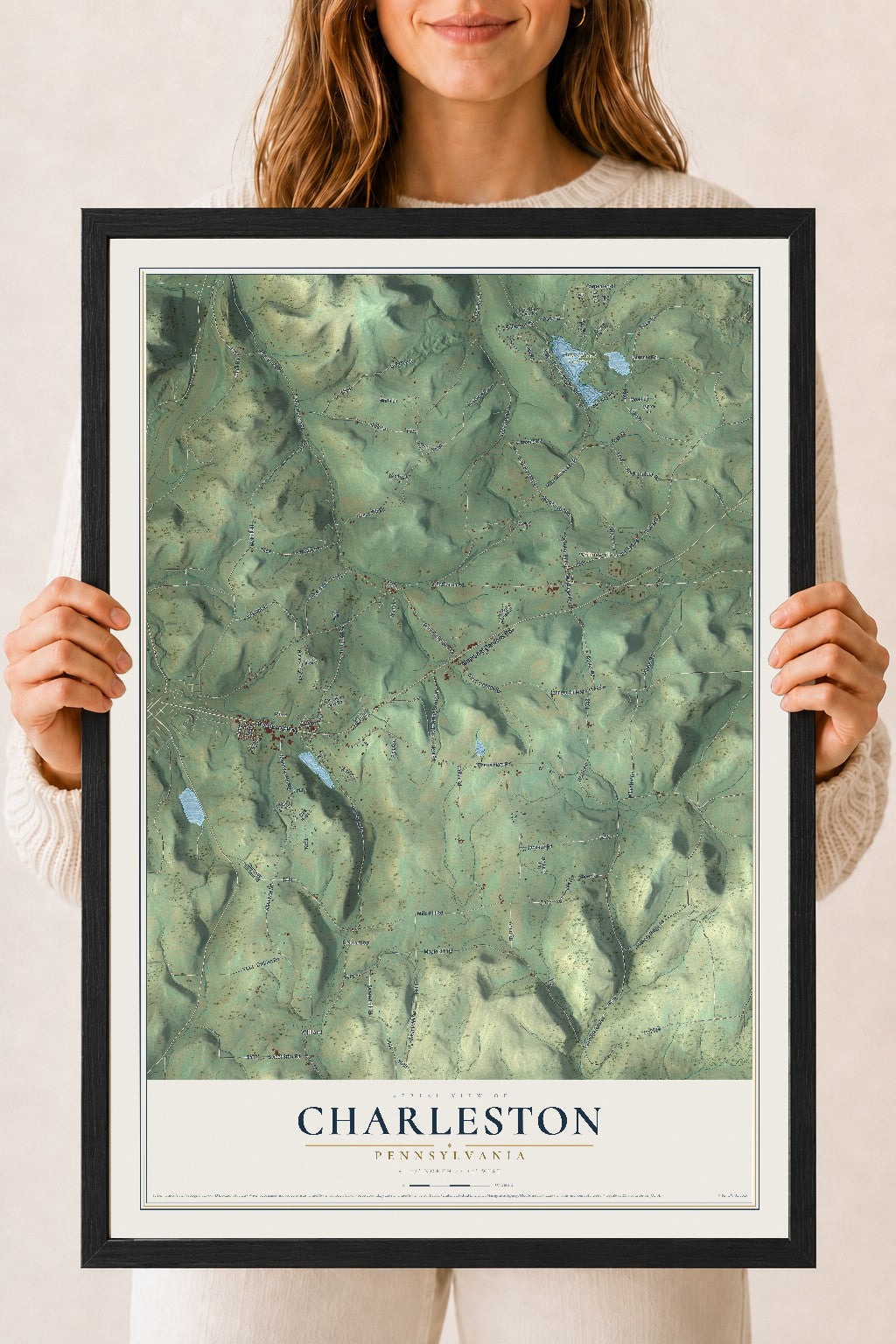 Map of Charleston, Pennsylvania, 18 x 24 inch print in a black wood frame