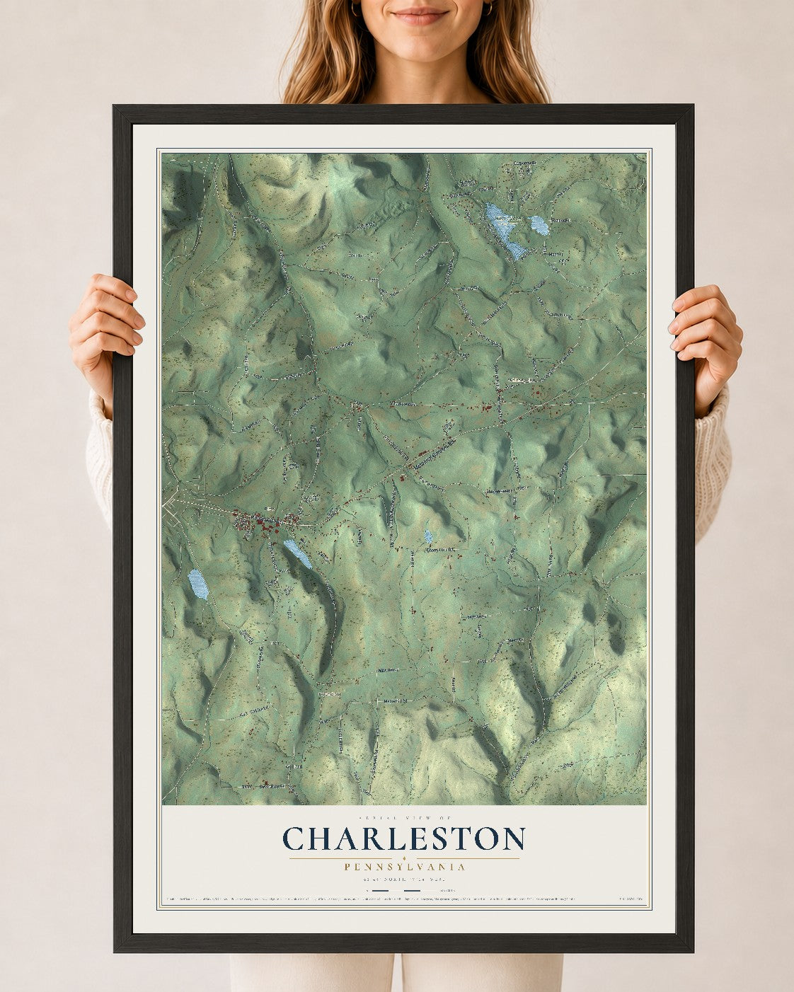 Map of Charleston, Pennsylvania, 24 x 36 inch print in a black wood frame