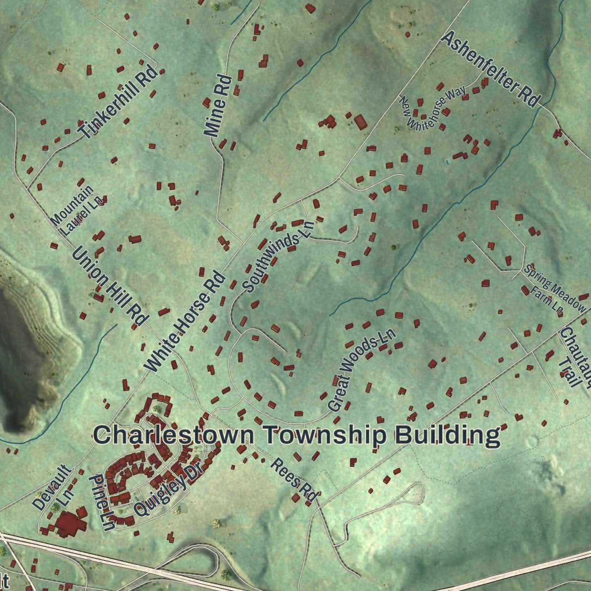 Close-up of the map of Charlestown, Pennsylvania print showing street and building detail
