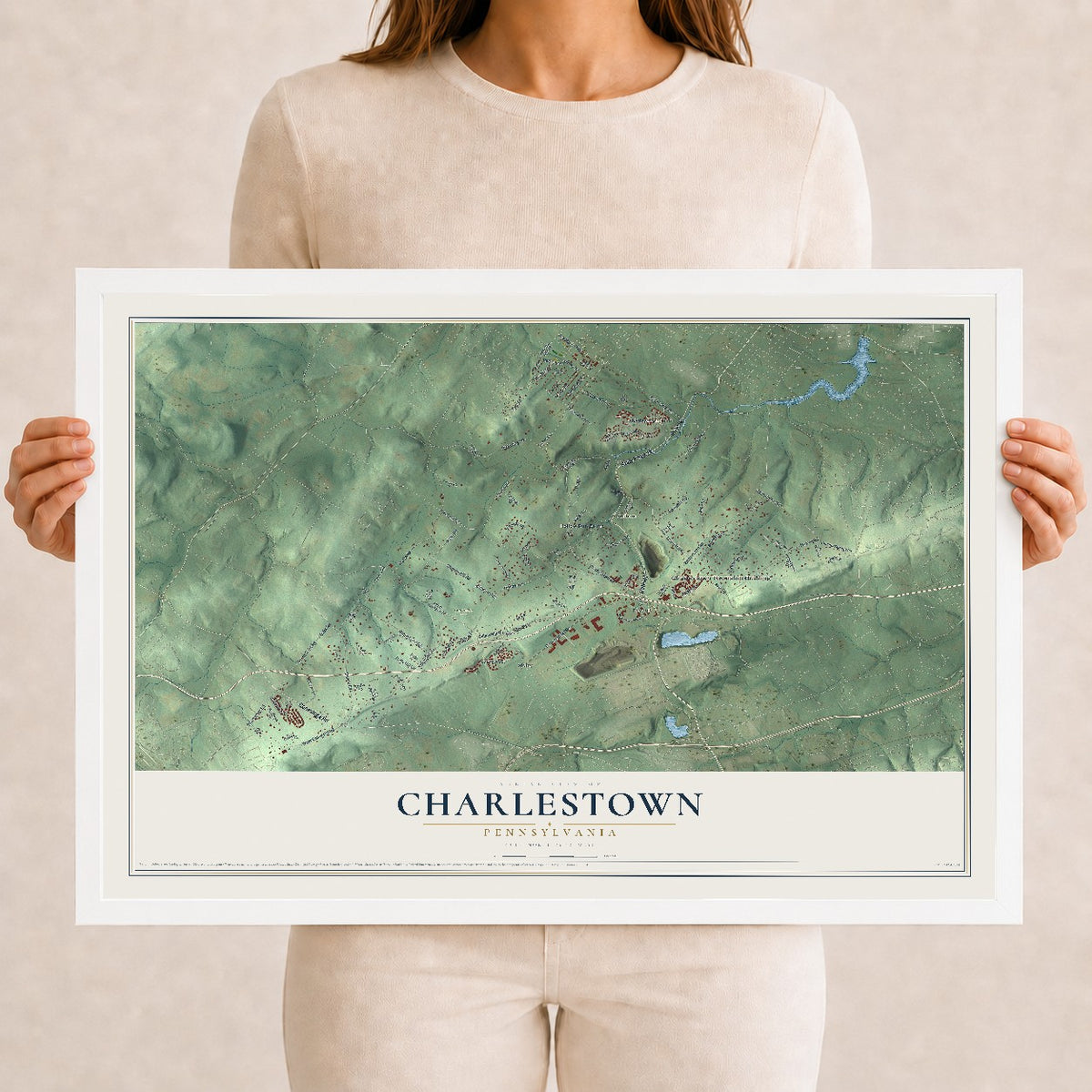 Map of Charlestown, Pennsylvania, 12 x 18 inch print in a white wood frame