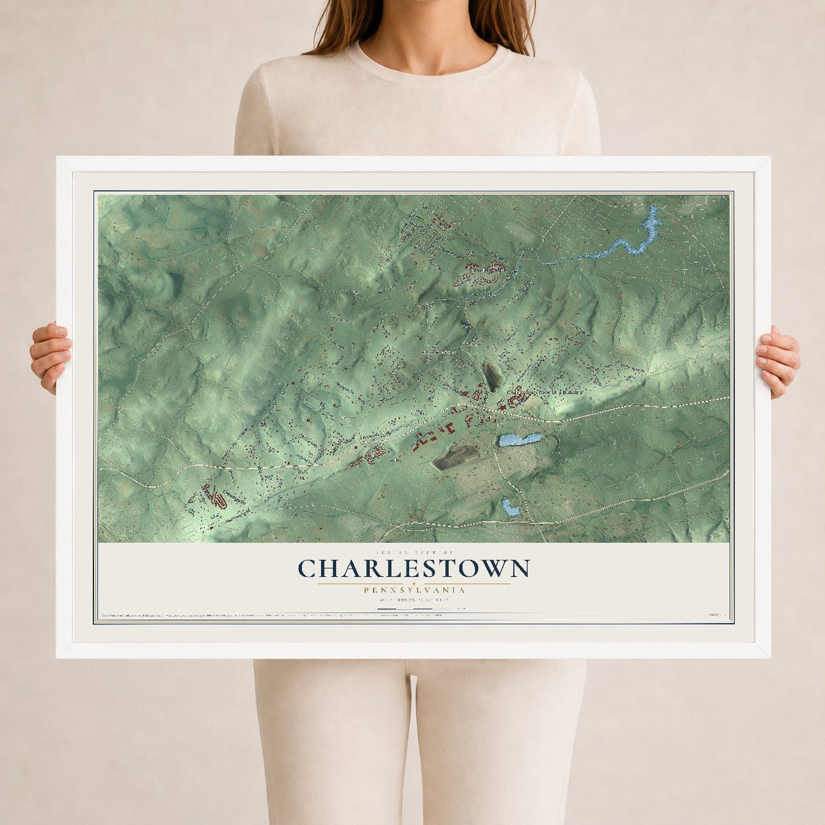 Map of Charlestown, Pennsylvania, 24 x 36 inch print in a white wood frame
