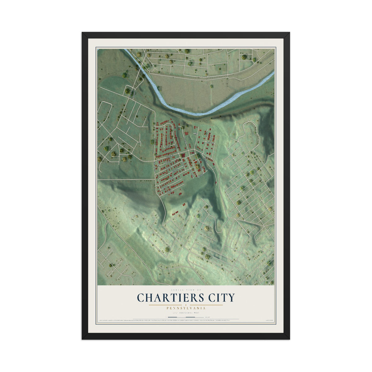 Map of Chartiers City, Pennsylvania, 12 x 18 inch print in a black wood frame