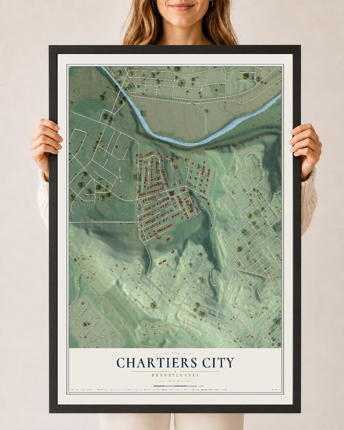 Map of Chartiers City, Pennsylvania, 24 x 36 inch print in a black wood frame