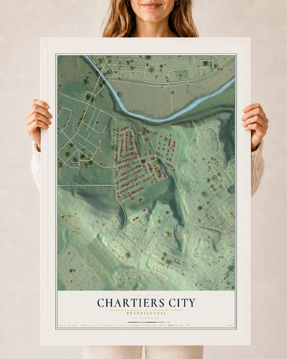 Map of Chartiers City, Pennsylvania, 24 x 36 inch print in a white wood frame