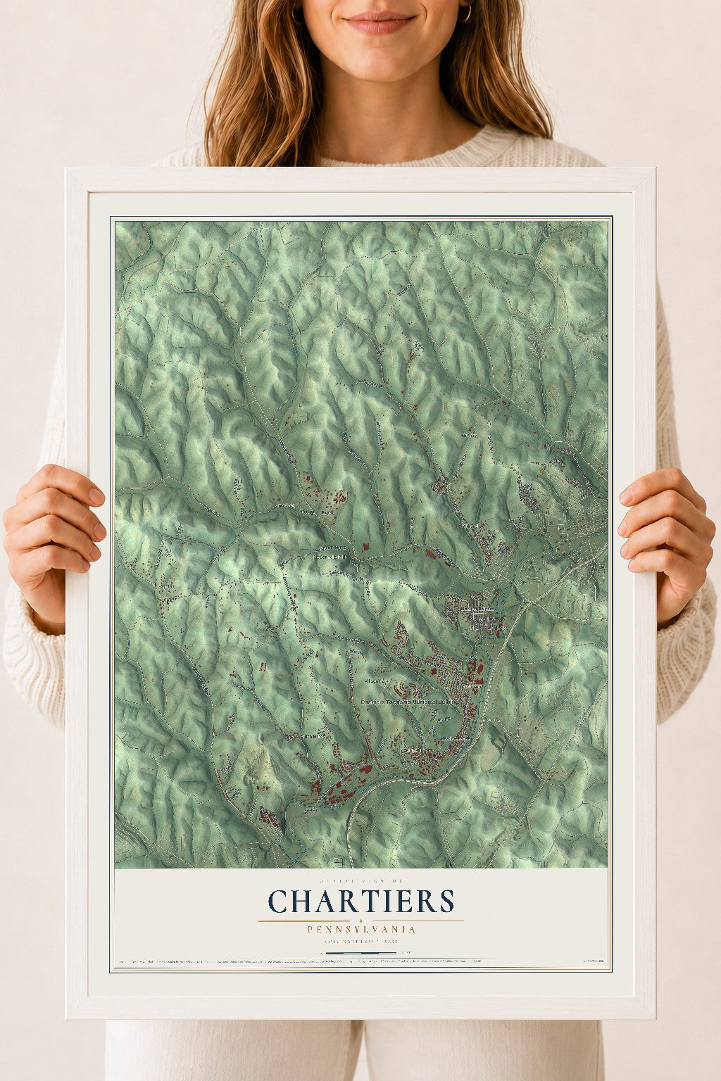 Map of Chartiers, Pennsylvania, 18 x 24 inch print in a white wood frame