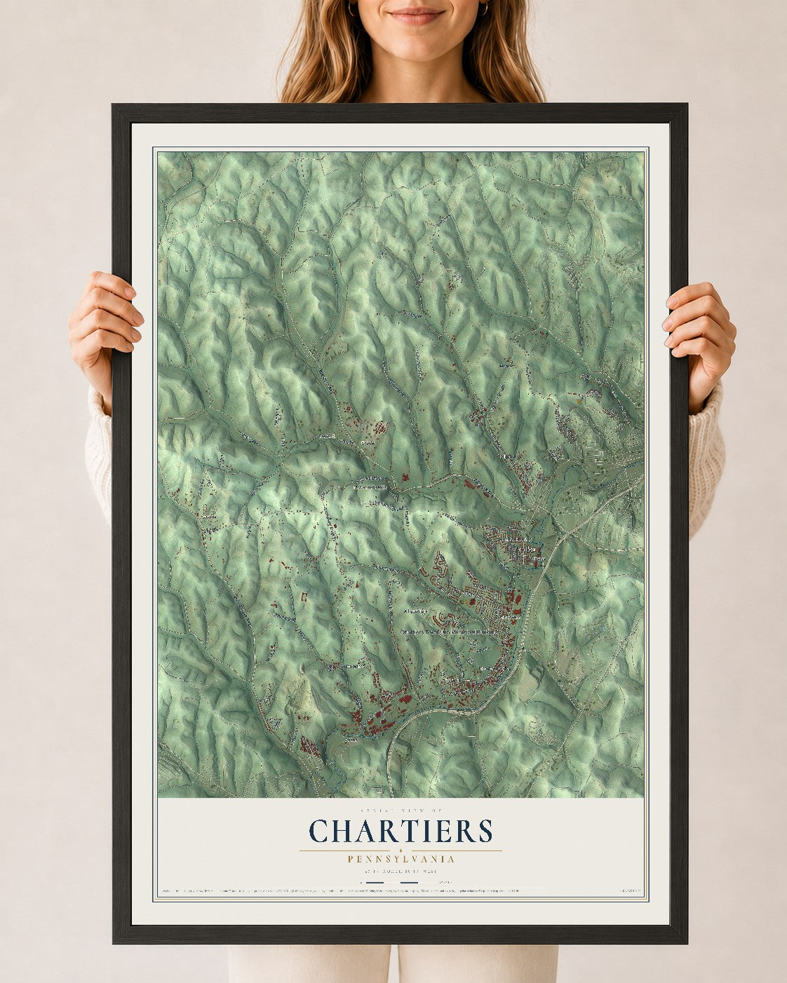 Map of Chartiers, Pennsylvania, 24 x 36 inch print in a black wood frame