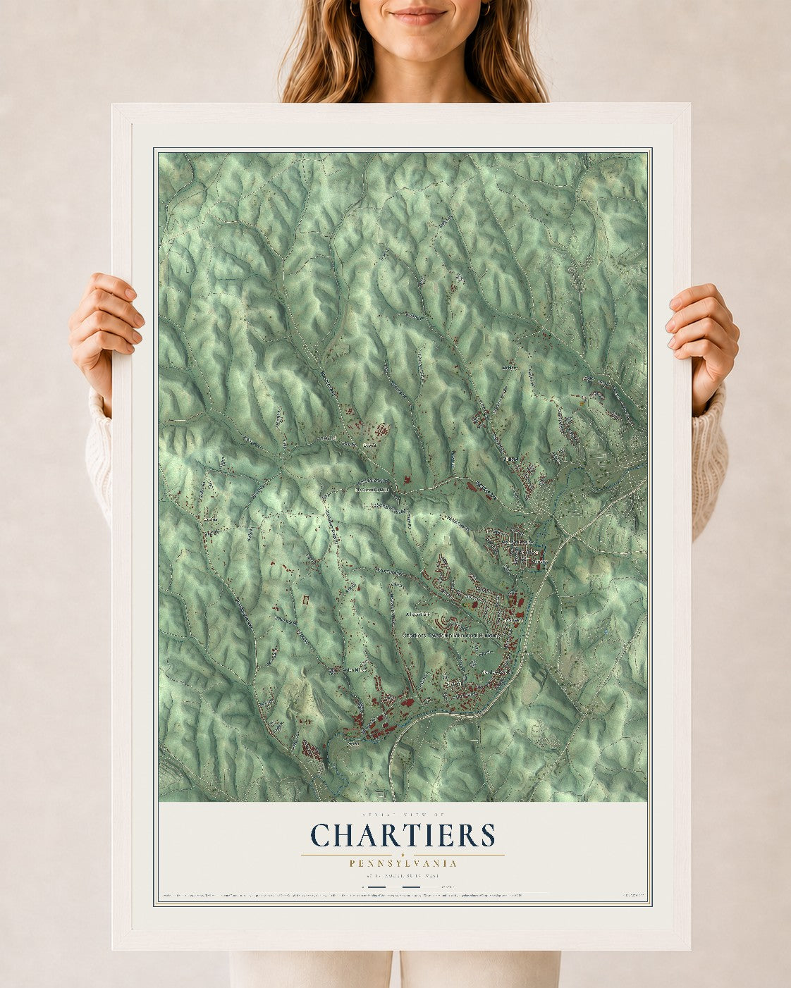 Map of Chartiers, Pennsylvania, 24 x 36 inch print in a white wood frame