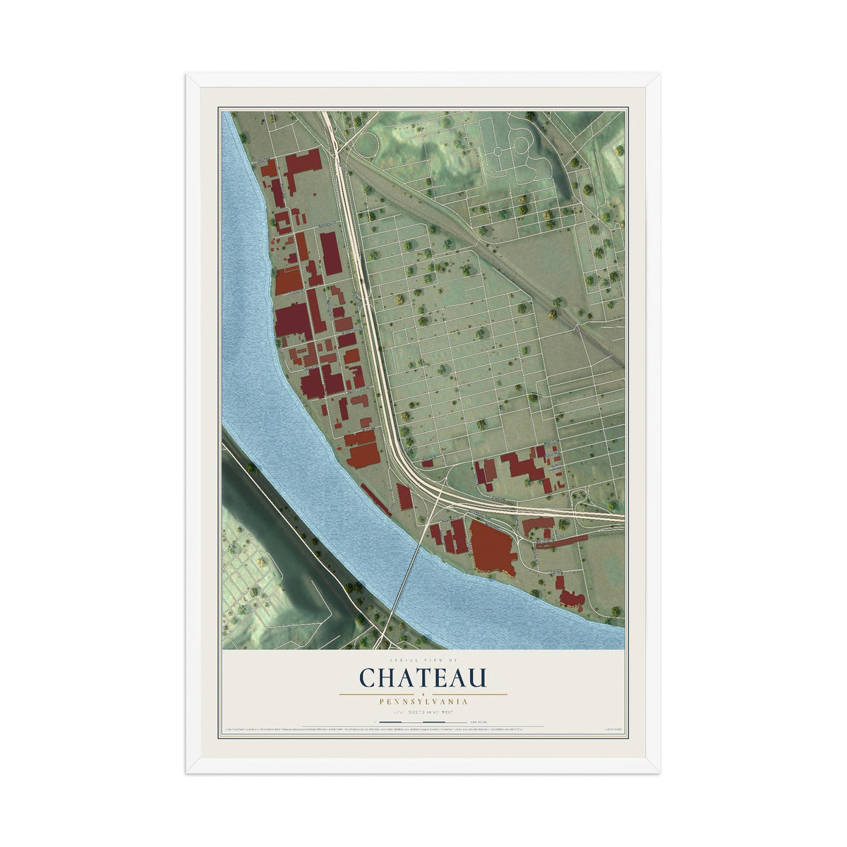 Map of Chateau, Pennsylvania, 12 x 18 inch print in a white wood frame