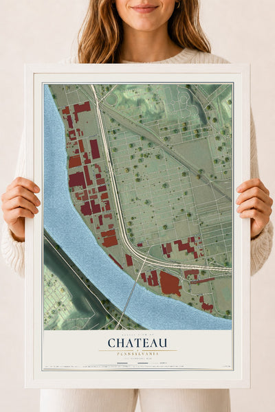 Map of Chateau, Pennsylvania, 18 x 24 inch print in a white wood frame