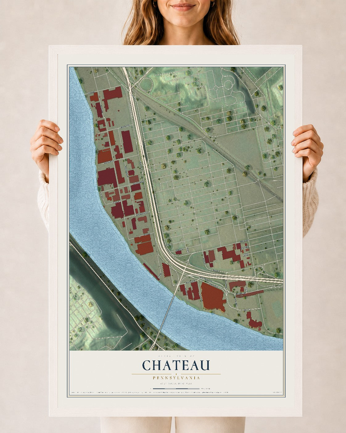 Map of Chateau, Pennsylvania, 24 x 36 inch print in a white wood frame