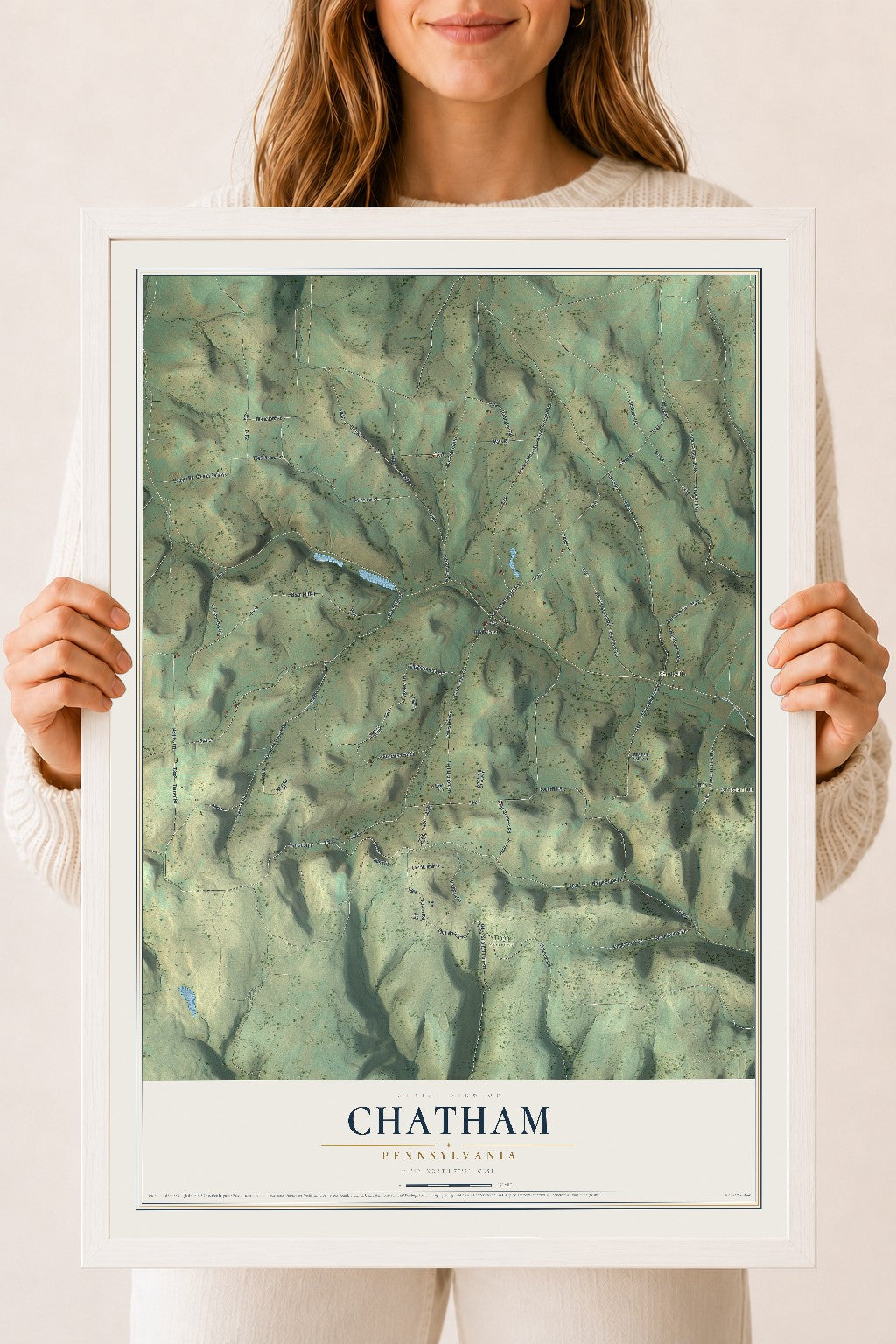Map of Chatham, Pennsylvania, 18 x 24 inch print in a white wood frame