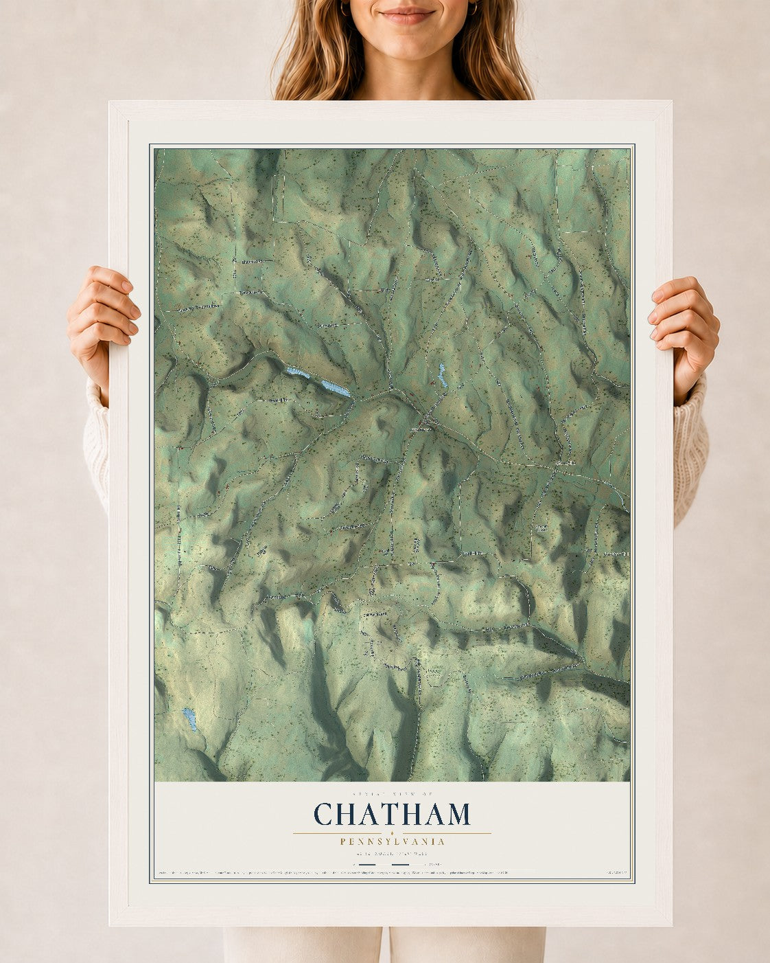 Map of Chatham, Pennsylvania, 24 x 36 inch print in a white wood frame