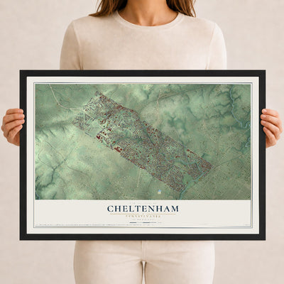 Map of Cheltenham, Pennsylvania, 12 x 18 inch print in a black wood frame