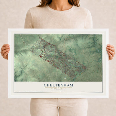 Map of Cheltenham, Pennsylvania, 12 x 18 inch print in a white wood frame