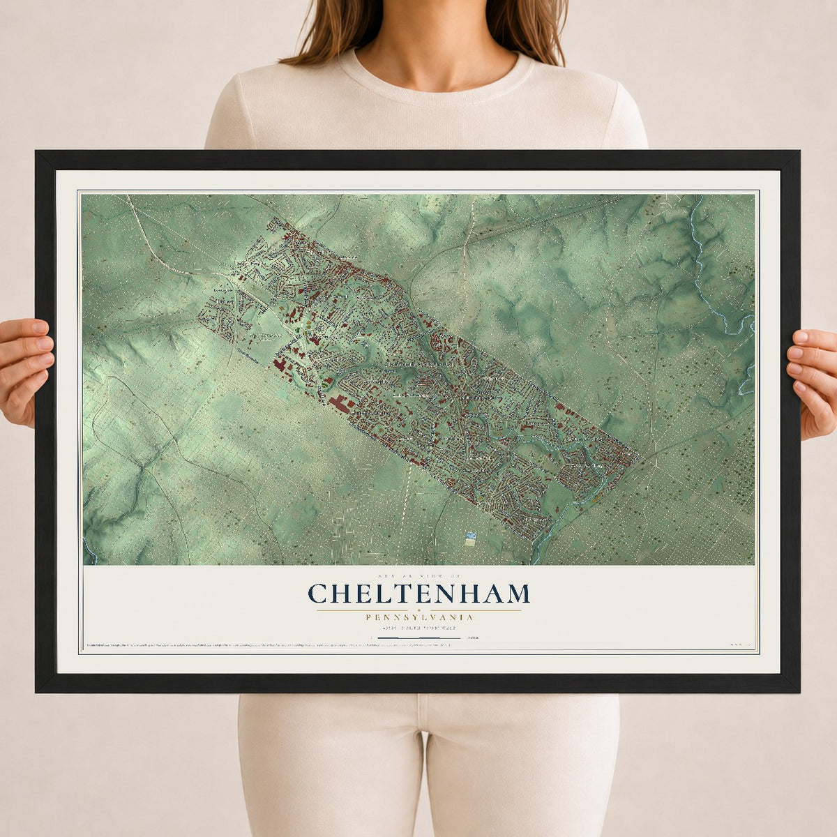 Map of Cheltenham, Pennsylvania, 18 x 24 inch print in a black wood frame
