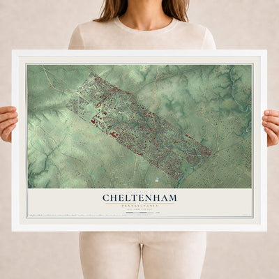 Map of Cheltenham, Pennsylvania, 18 x 24 inch print in a white wood frame