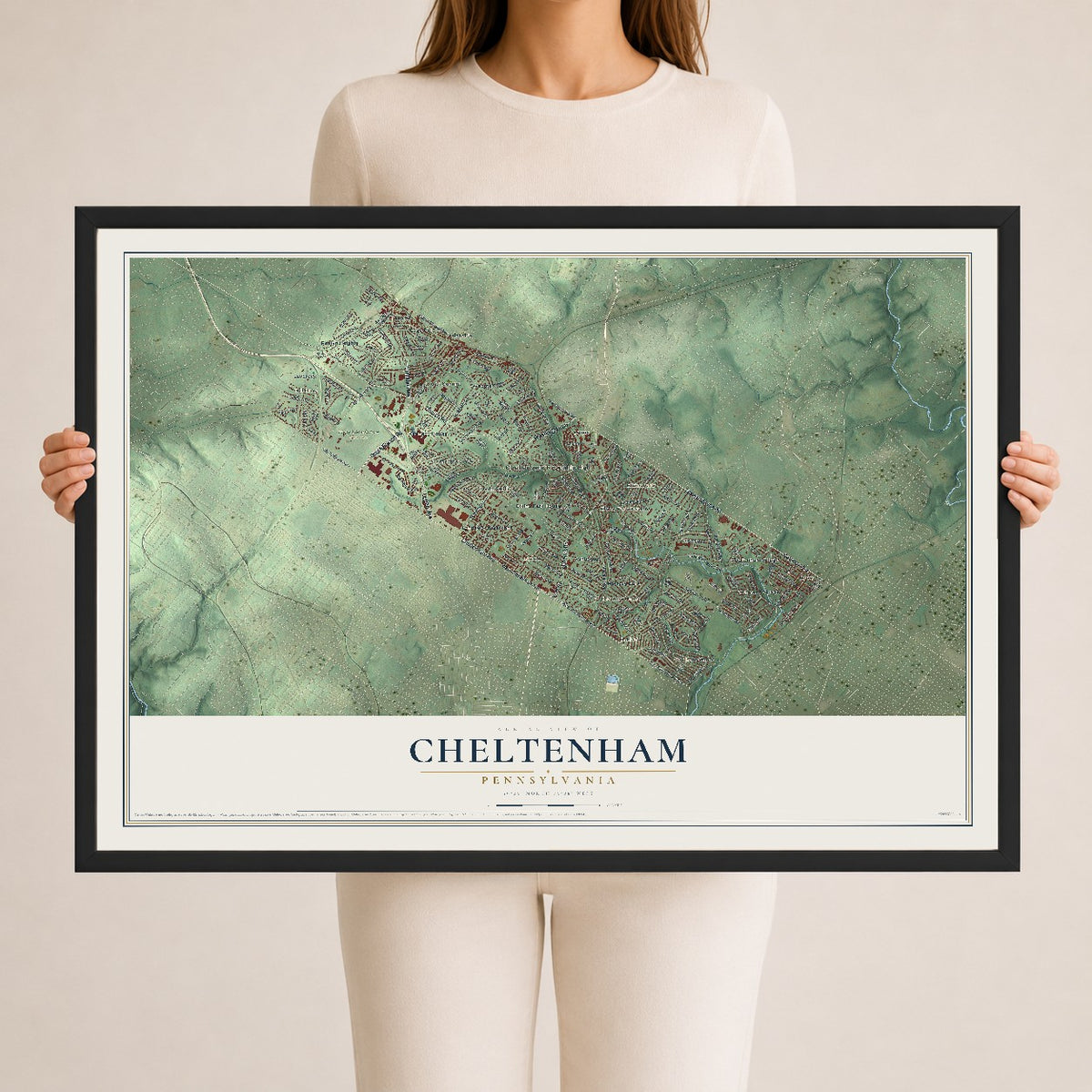 Map of Cheltenham, Pennsylvania, 24 x 36 inch print in a black wood frame