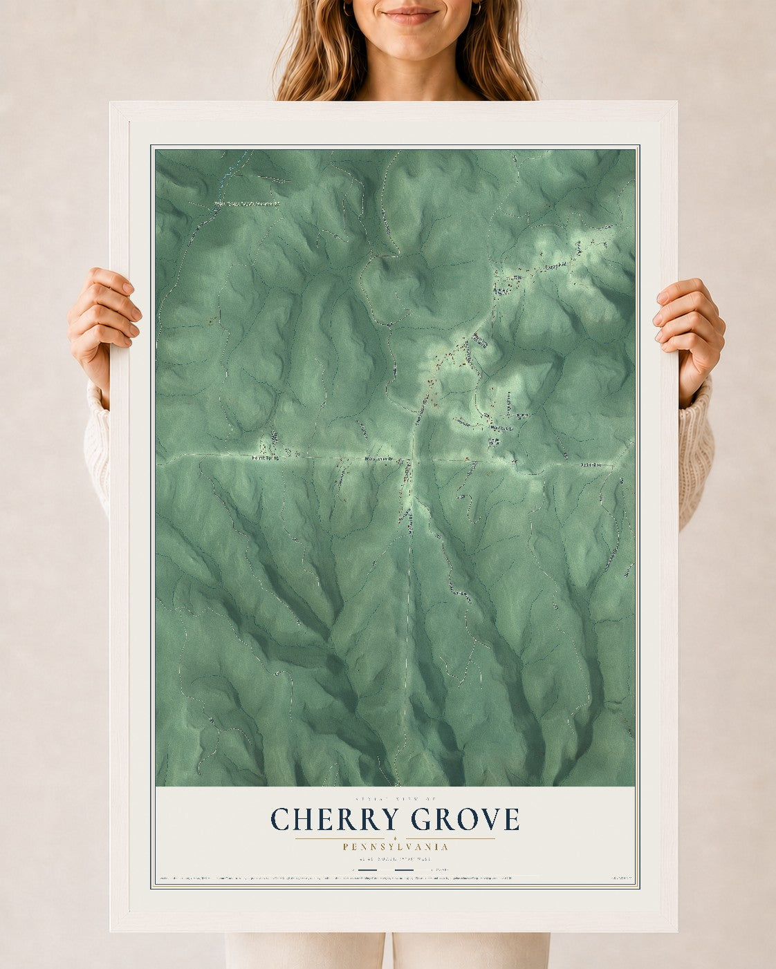 Map of Cherry Grove, Pennsylvania, 24 x 36 inch print in a white wood frame