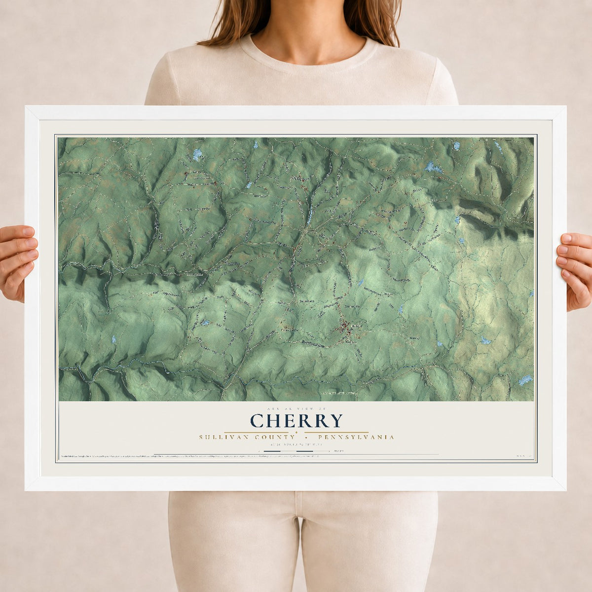 Map of Cherry, Sullivan County, Pennsylvania, 18 x 24 inch print in a white wood frame