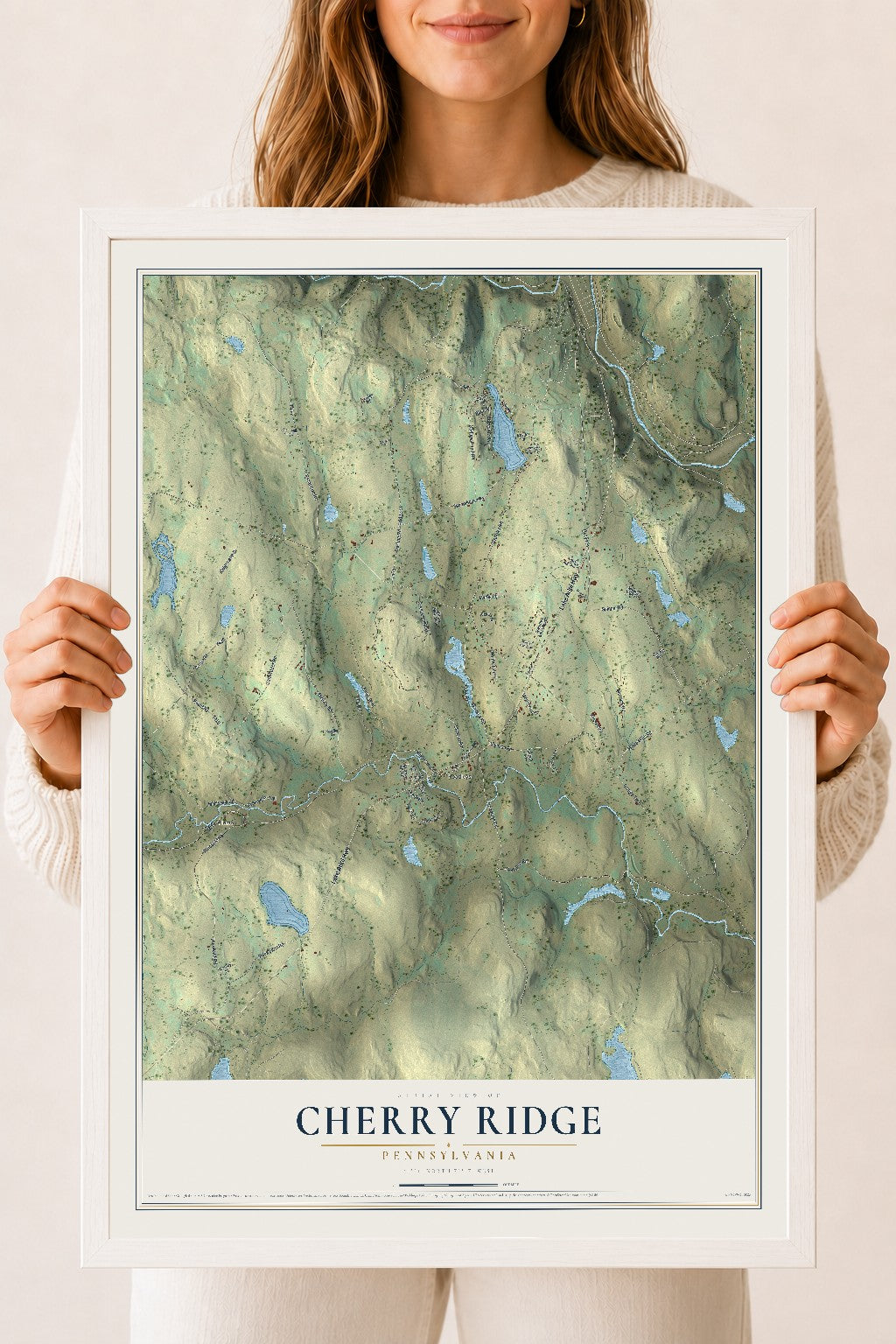 Map of Cherry Ridge, Pennsylvania, 18 x 24 inch print in a white wood frame