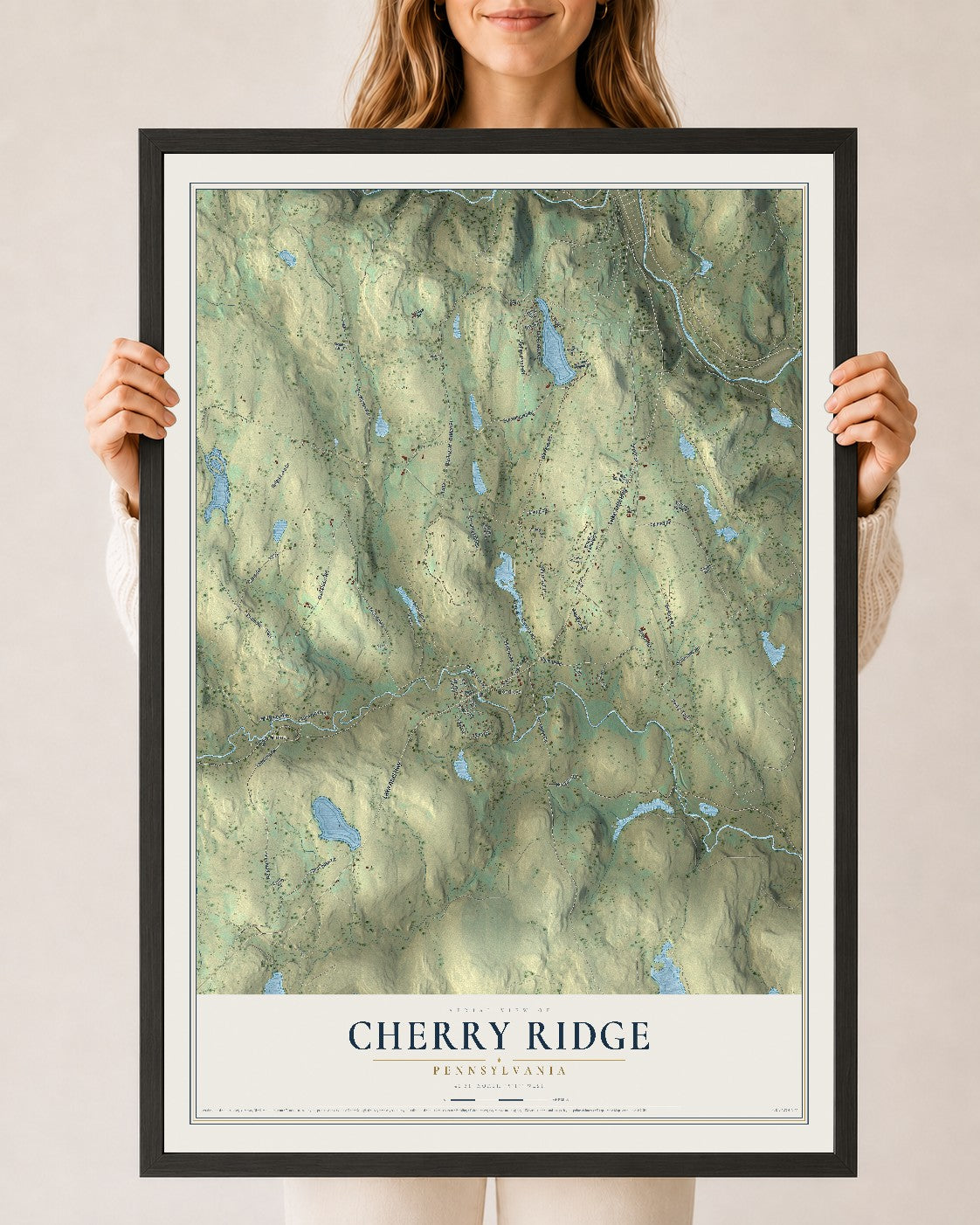 Map of Cherry Ridge, Pennsylvania, 24 x 36 inch print in a black wood frame