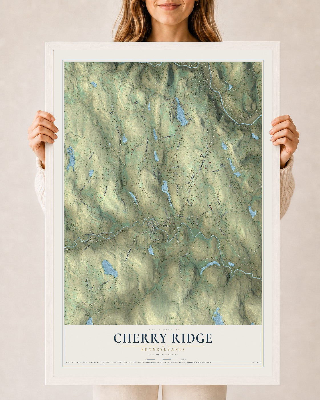 Map of Cherry Ridge, Pennsylvania, 24 x 36 inch print in a white wood frame