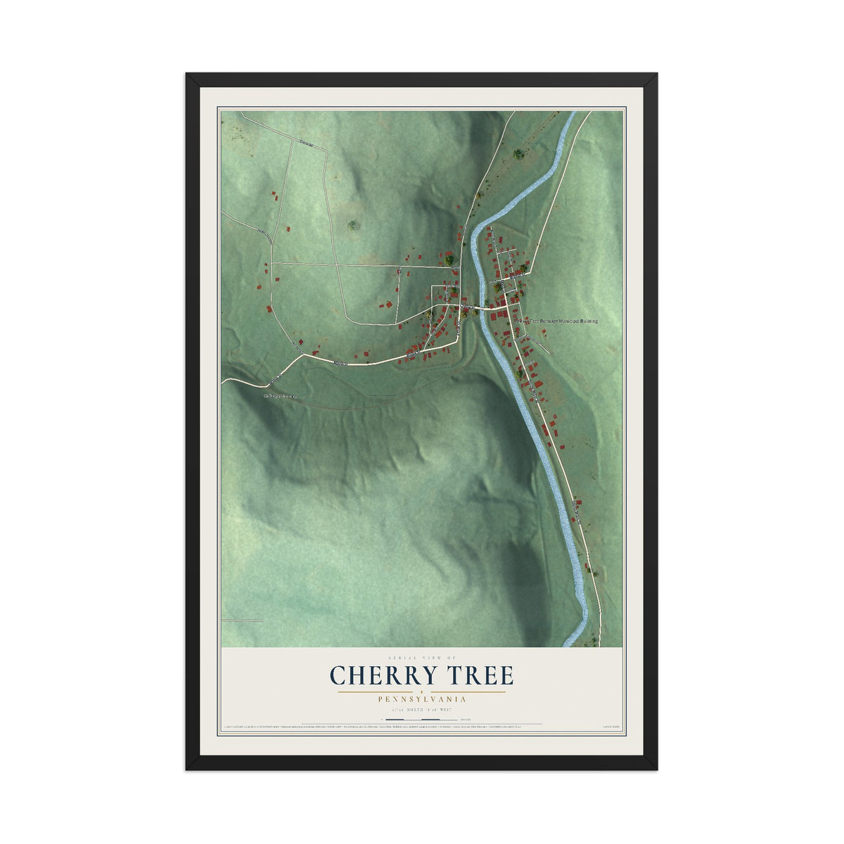 Map of Cherry Tree, Pennsylvania, 12 x 18 inch print in a black wood frame