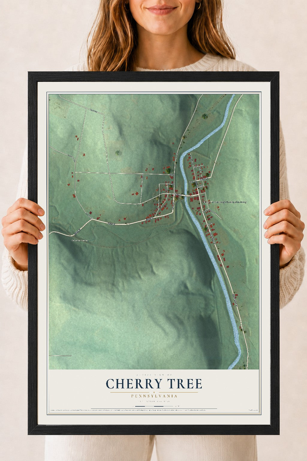 Map of Cherry Tree, Pennsylvania, 18 x 24 inch print in a black wood frame