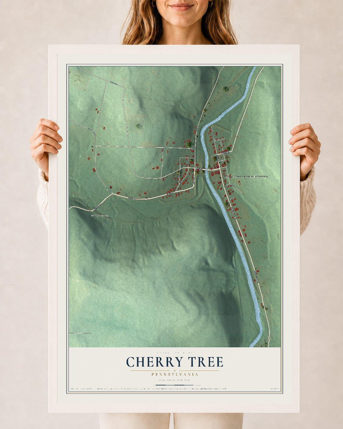 Map of Cherry Tree, Pennsylvania, 24 x 36 inch print in a white wood frame