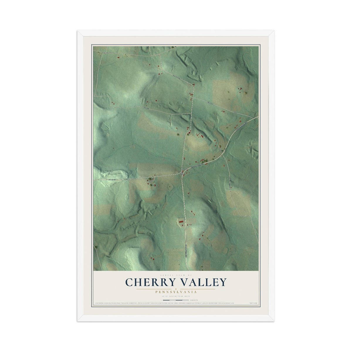 Map of Cherry Valley, Pennsylvania, 12 x 18 inch print in a white wood frame