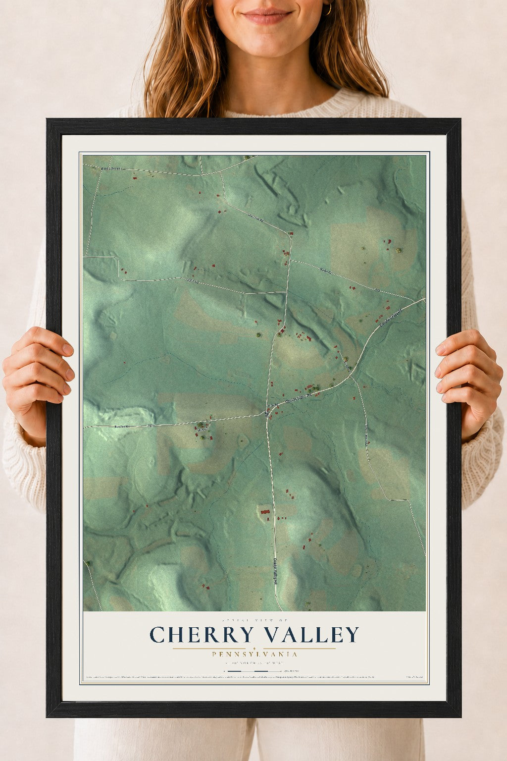 Map of Cherry Valley, Pennsylvania, 18 x 24 inch print in a black wood frame