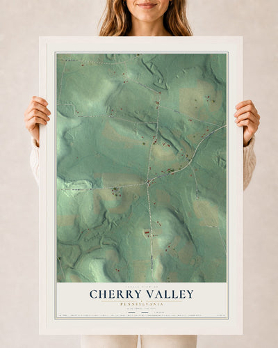 Map of Cherry Valley, Pennsylvania, 24 x 36 inch print in a white wood frame