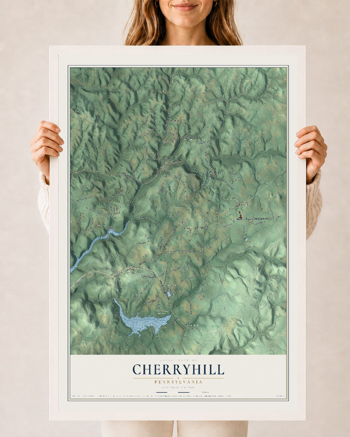 Map of Cherryhill, Pennsylvania, 24 x 36 inch print in a white wood frame