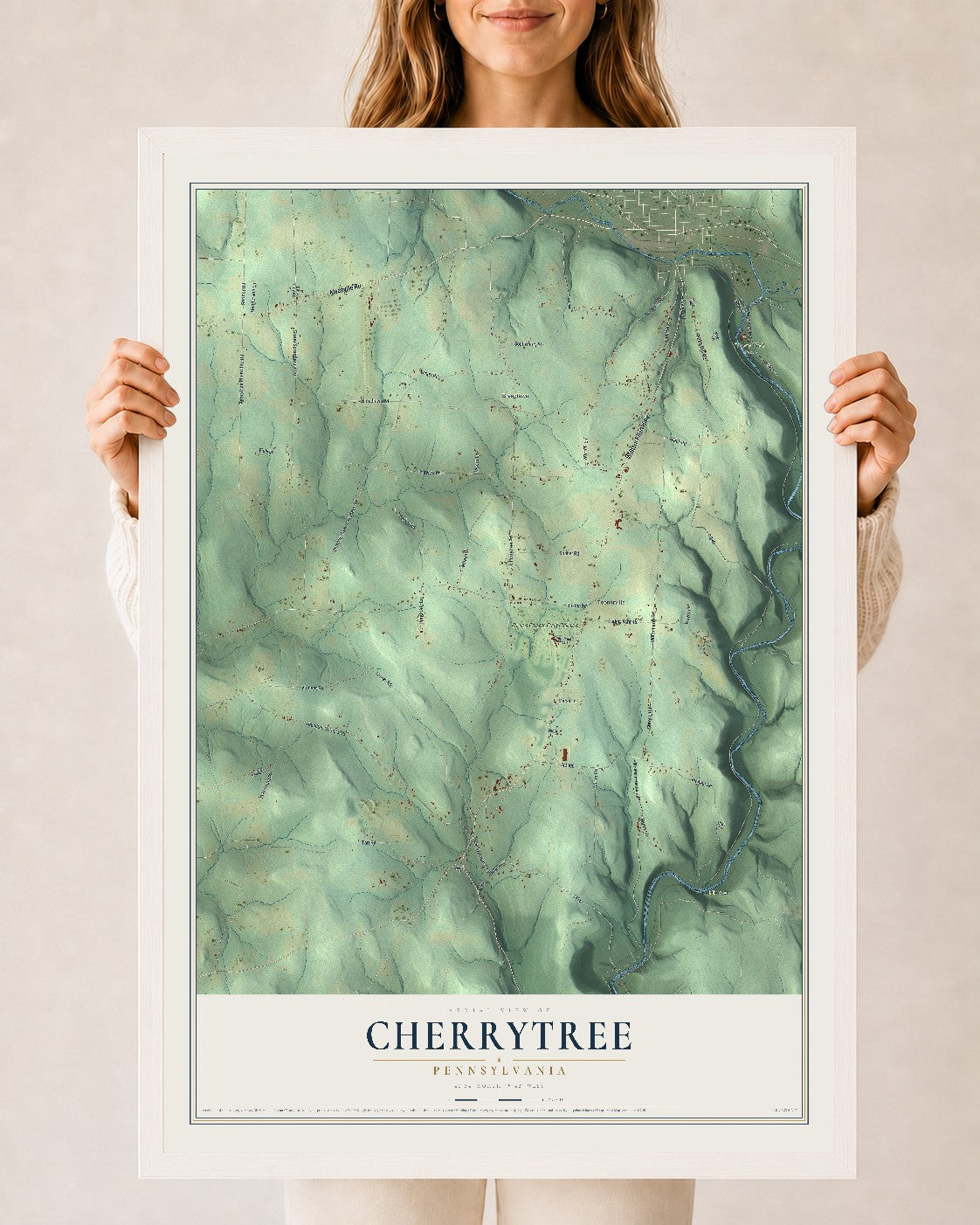 Map of Cherrytree, Pennsylvania, 24 x 36 inch print in a white wood frame