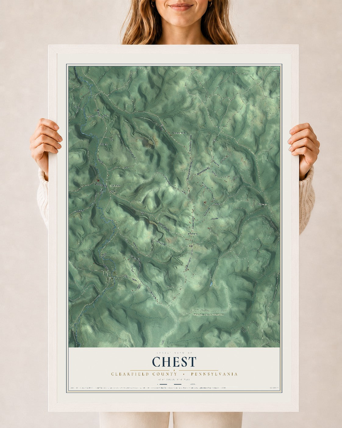 Map of Chest, Clearfield County, Pennsylvania, 24 x 36 inch print in a white wood frame