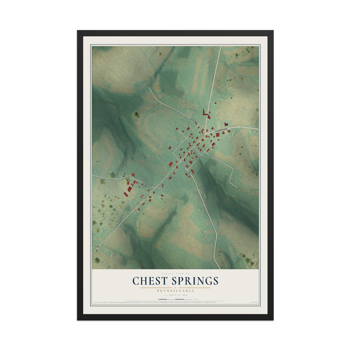 Map of Chest Springs, Pennsylvania, 12 x 18 inch print in a black wood frame