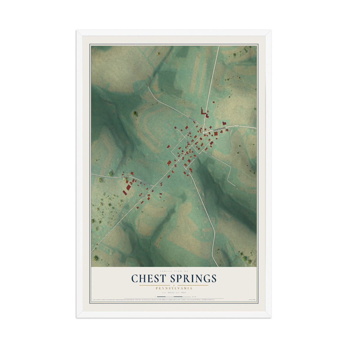 Map of Chest Springs, Pennsylvania, 12 x 18 inch print in a white wood frame