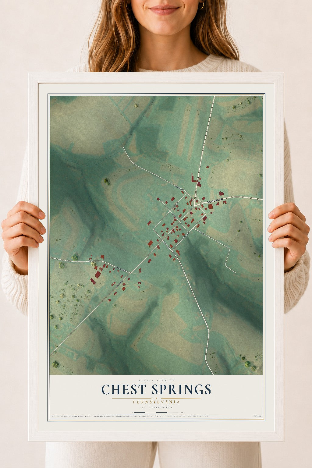 Map of Chest Springs, Pennsylvania, 18 x 24 inch print in a white wood frame