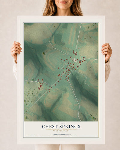 Map of Chest Springs, Pennsylvania, 24 x 36 inch print in a white wood frame
